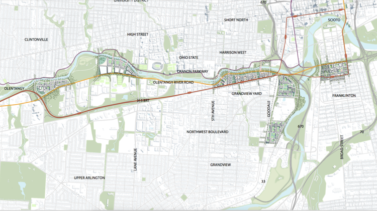 NBBJ imagines a wholesale re-build of Ohio Route 315 to open development along the river.