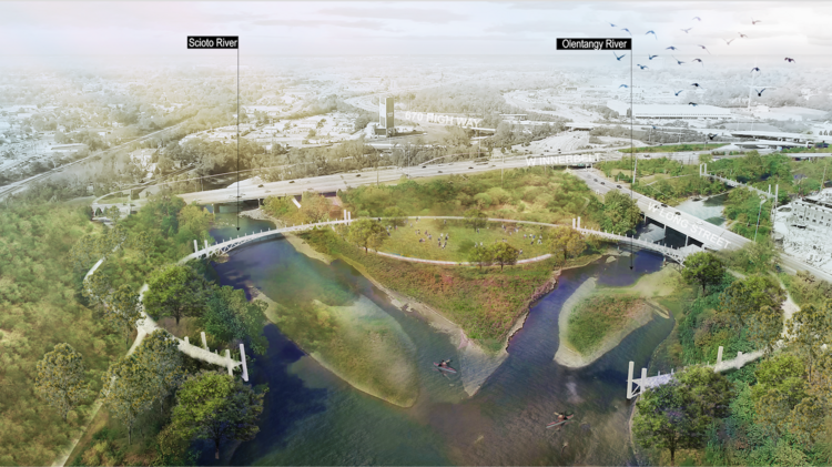 The confluence of the Scioto and Olentangy rivers needs a capstone development like a park or museum, TLK and MKSK found.