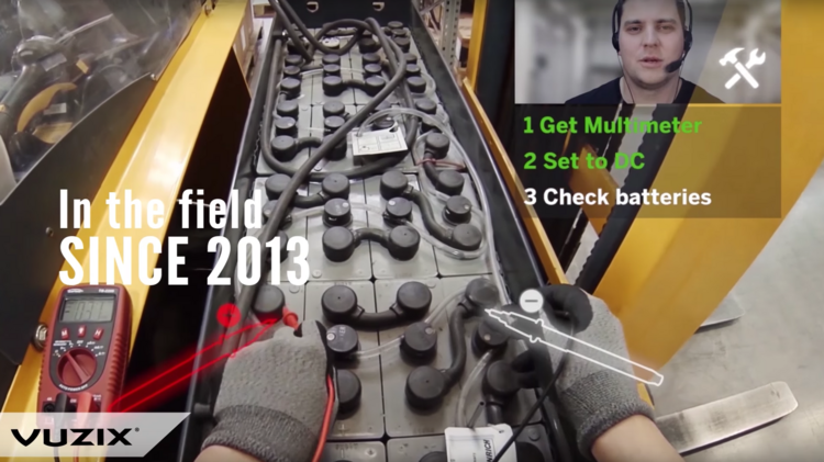 A machine repair technician wearing augmented reality glasses can be prompted to fix issues on the fly with a remote teacher and visual cues projected on the machine in front of him or her using the glasses — hands free.