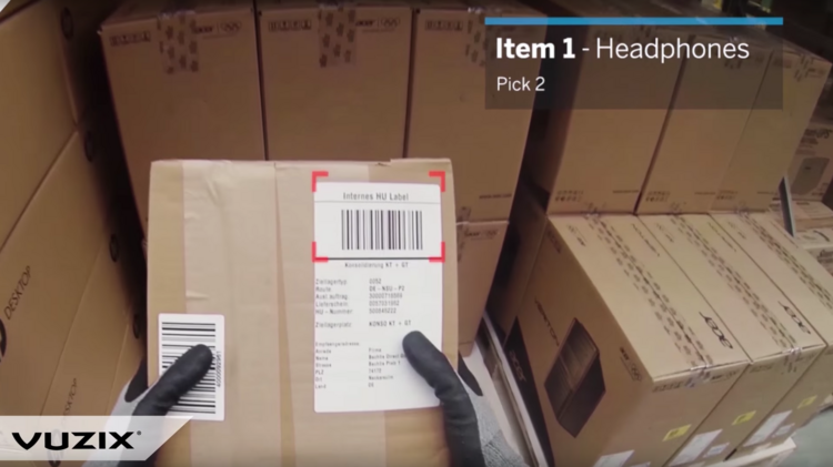 Warehouse workers can pick up packages and scan them with the glasses by looking at the object code reader; a light around the package changes from red to green to signify that the worker is accurate.