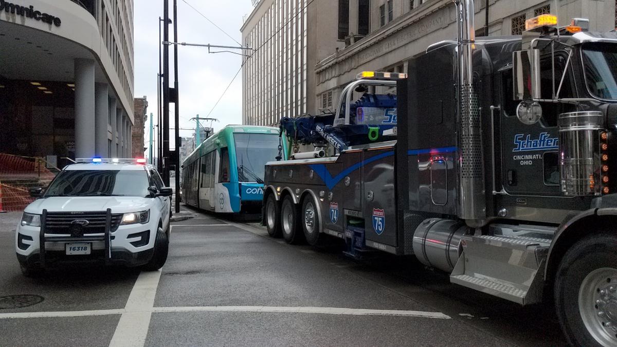 Why the streetcar was being towed around downtown today (Video
