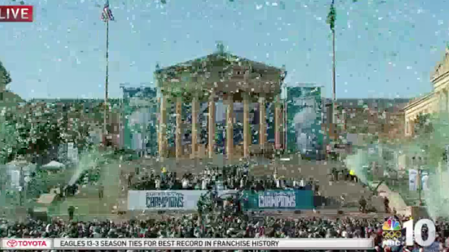 Eagles player cutouts are on Philadelphia Museum of Art steps