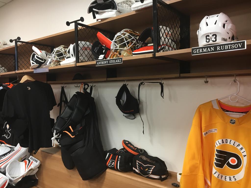 Locker room stalls in the Philadelphia Flyers locker room