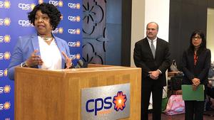 CPS Energy CEO Paula Gold-Williams speaks about a new smart cities think tank that will bring a high-level conference to San Antonio, while Dentons Law Firm Partner Clint Vince and San Antonio Assistant City Manager Maria Villagomez listen.