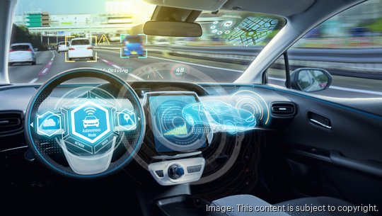 Empty cockpit of autonomous car, HUD(Head Up Display) and digital speedometer. self-driving vehicle.