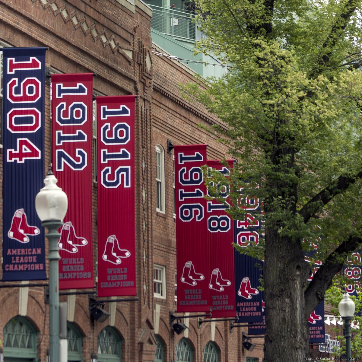 Fenway Park exterior with Red Sox championship banners on Jersey