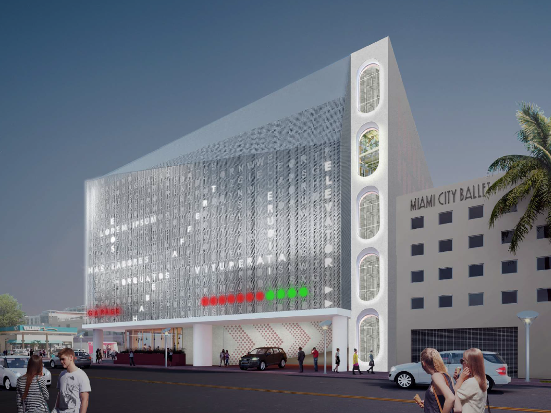 Miami Beach Florida,Collins Avenue,parking garage,Seventh 7th Street Parking  Garage,multi use building,shops,vertical vegetated wall,urban landscape,p  Stock Photo - Alamy