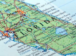 Close-up picture of a busy paper map of florida