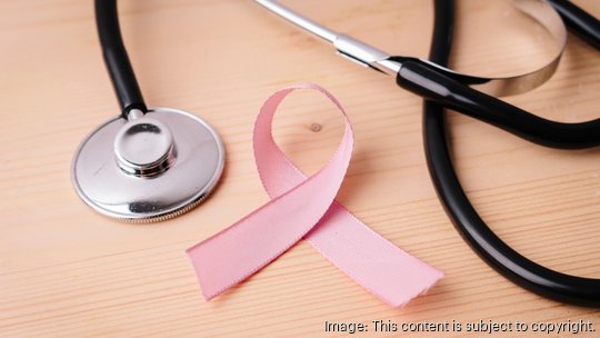 Close-Up Of Pink Breast Cancer Ribbon By Stethoscope On Table