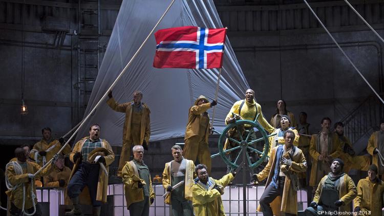 Daland’s crew, with the Steersman (Frederick Ballentine Jr.) at the wheel, in Cincinnati Opera’s production of Wagner’s "The Flying Dutchman."