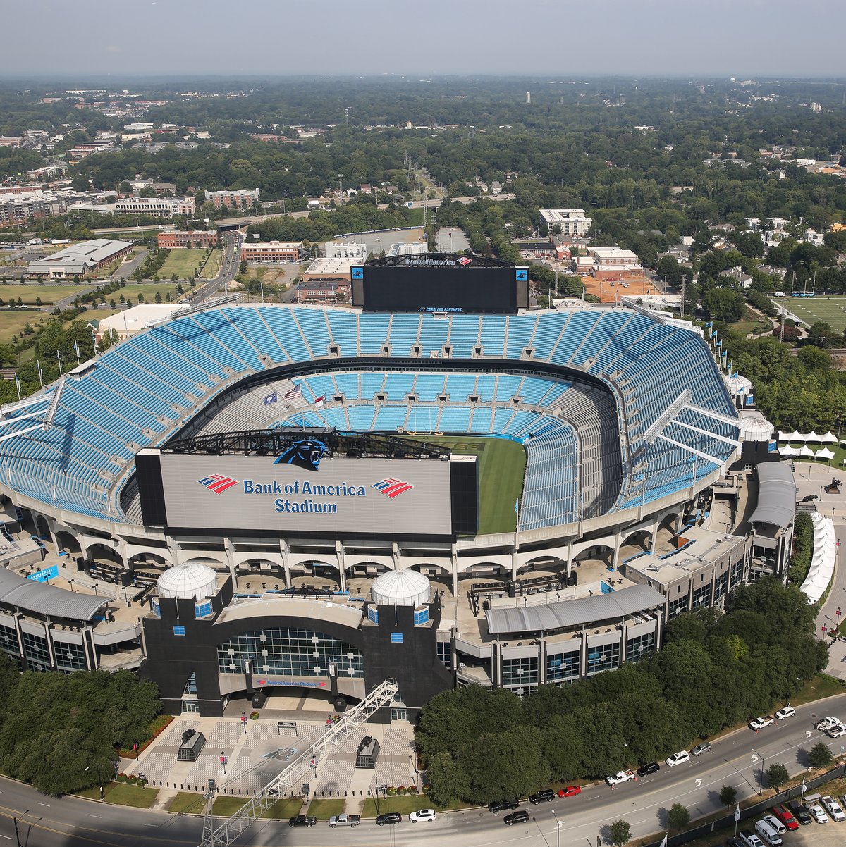 Aerial view of Bank of America Stadium, home of the Carolina Panthers  National Football League team, in downtown Charlotte, North Carolina