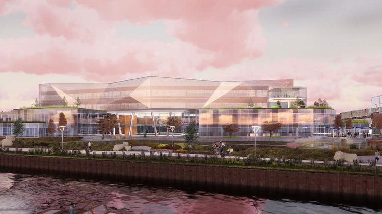 Major Harbor District Projects Advance With City Funds Milwaukee A Rendering Shows View Of Komatsu Mining S Headquarters From The Water