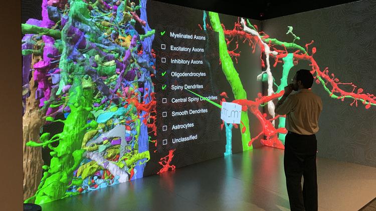 An instructor uses the three dimensional visualization lab at Marquette University.