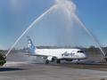 Alaska Airlines Embrarer 175 is inaugural flight from new commercial terminal at Paine Field in Everett, Washington