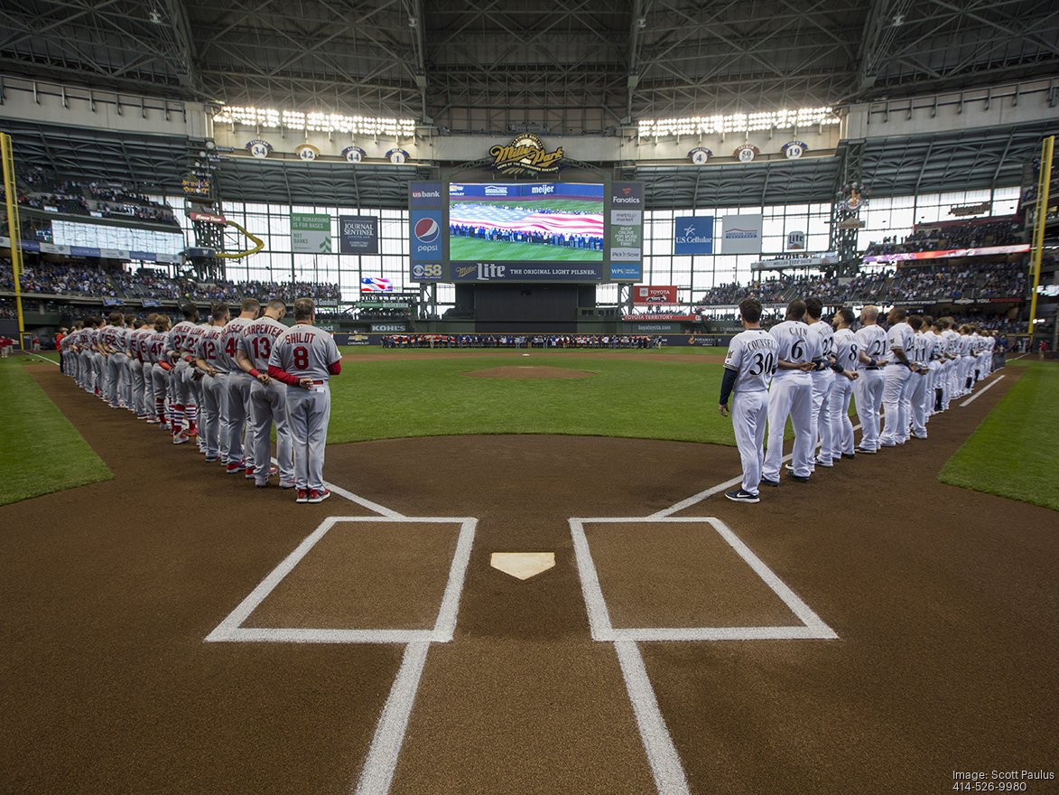 Four Brewers MVPs (Fingers, Yount, Braun, Yelich) part of first pitch