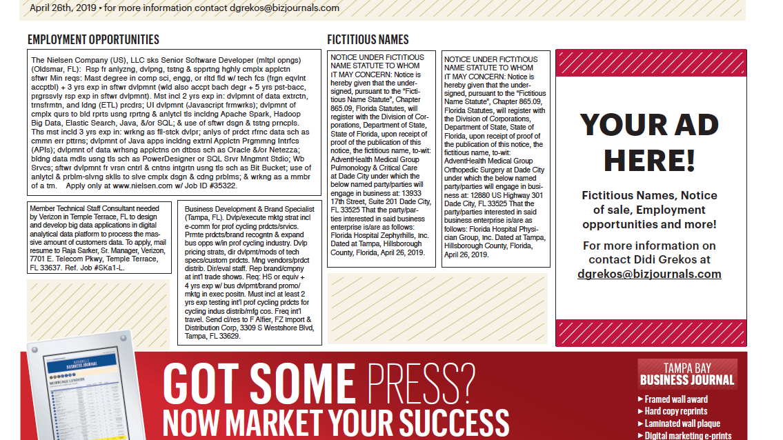 April 26, 2019 Legal Notices - Tampa Bay Business Journal