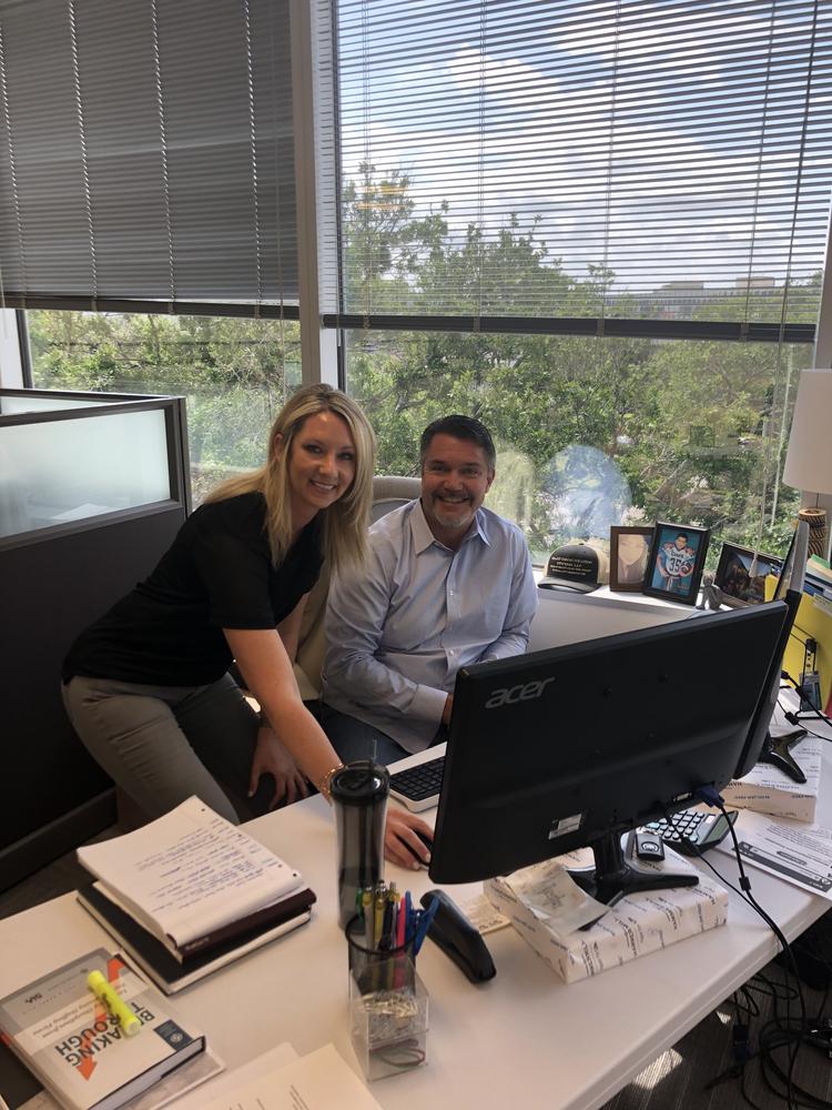 Stephanie Breslin, senior recruiter, was instrumental in securing the largest account in Broadstaff history. She and Mike Day, EVP of Production, are hitting "send" on the infamous confirmation email!