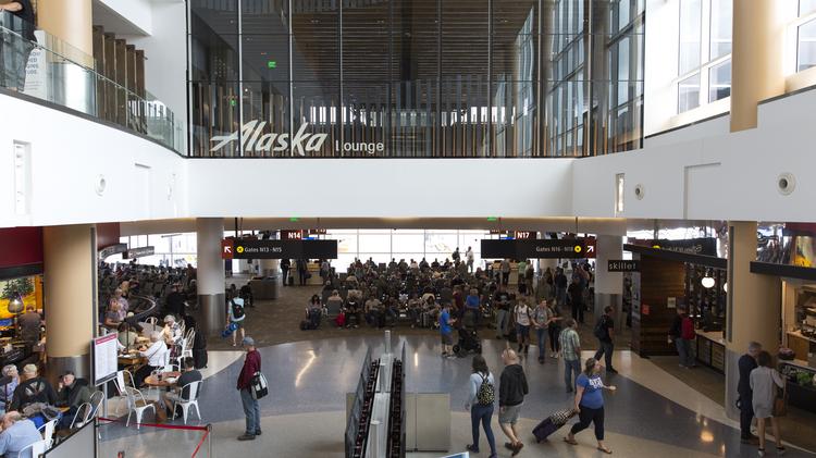 The Alaska Airlines new flagship lounge sits above the gates areas of the newly expanded North Satellite terminal at Sea-Tac Airport.