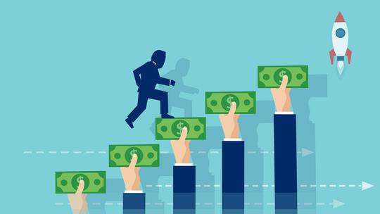 Vector of a businessman climbing up the stairs made of hands holding money.