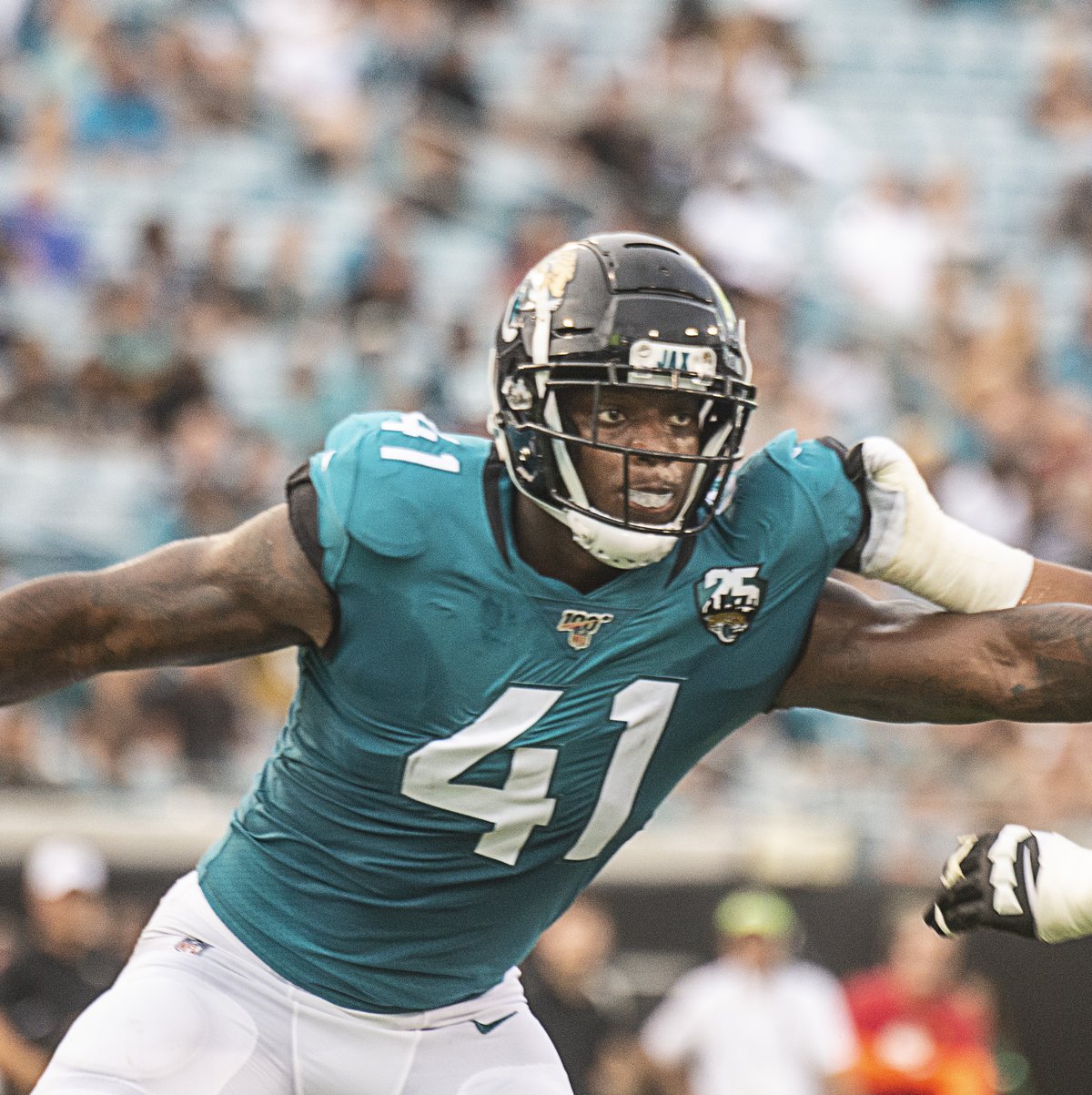 Members of the Jacksonville Jaguars defense celebrate an