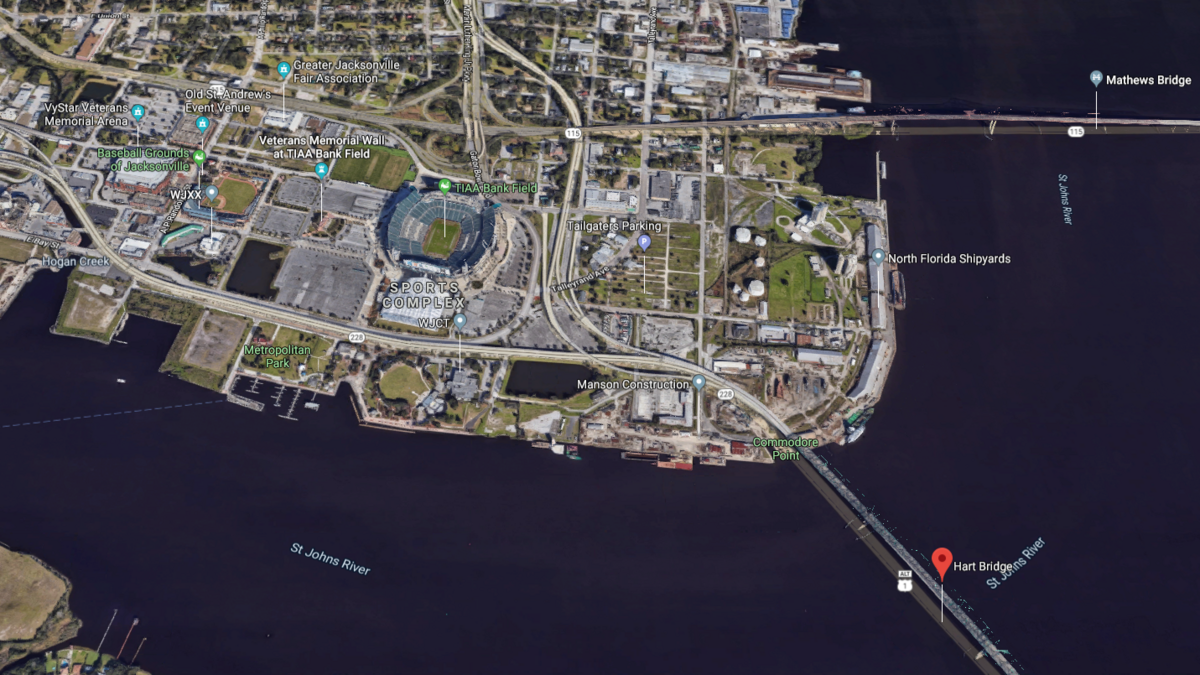 Aerial view of the Jacksonville Jaguars stadium on Google Maps