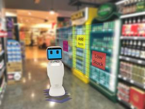 smart retail concept, robot service use for check the data of or Stores that stock goods on shelves with easily-viewed barcode and prices or photo compared against an idealized representation of store