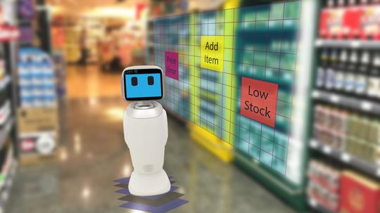 smart retail concept, robot service use for check the data of or Stores that stock goods on shelves with easily-viewed barcode and prices or photo compared against an idealized representation of store