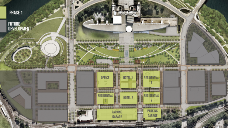 The first phase of the development will build the center of the 21-acre site with future phases to follow around it.
