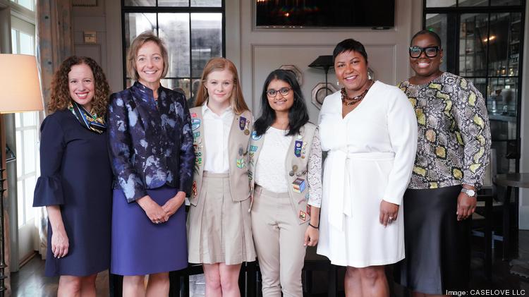 Girl Scouts of Greater Atlanta CEO Amy Dosik, from left; Mary Laschinger, CEO of Veritiv; Gold Award Girl Scouts Brooke Hillis and Anuhya Kasam; and Luncheon Co-Chairs Danielle Joiner McPherson and Denise Reese.