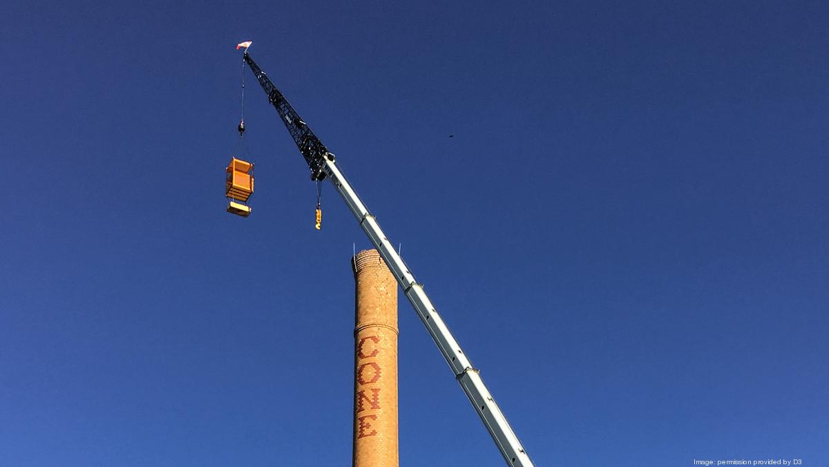 Cone Mills smokestack under repair at Granite Mill in Haw River Triad