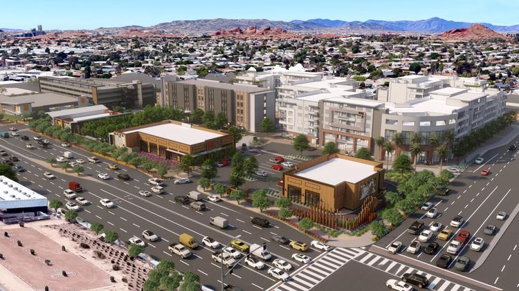 An aerial rendering shows the planned redevelopment of Papago Plaza, which will include residential, retail, grocery and hotel components.