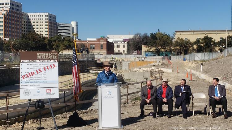 Bexar County Nelson Wolff speaks at a press conference in front of San Pedro Creek phase 2 on Feb. 14, 2020.