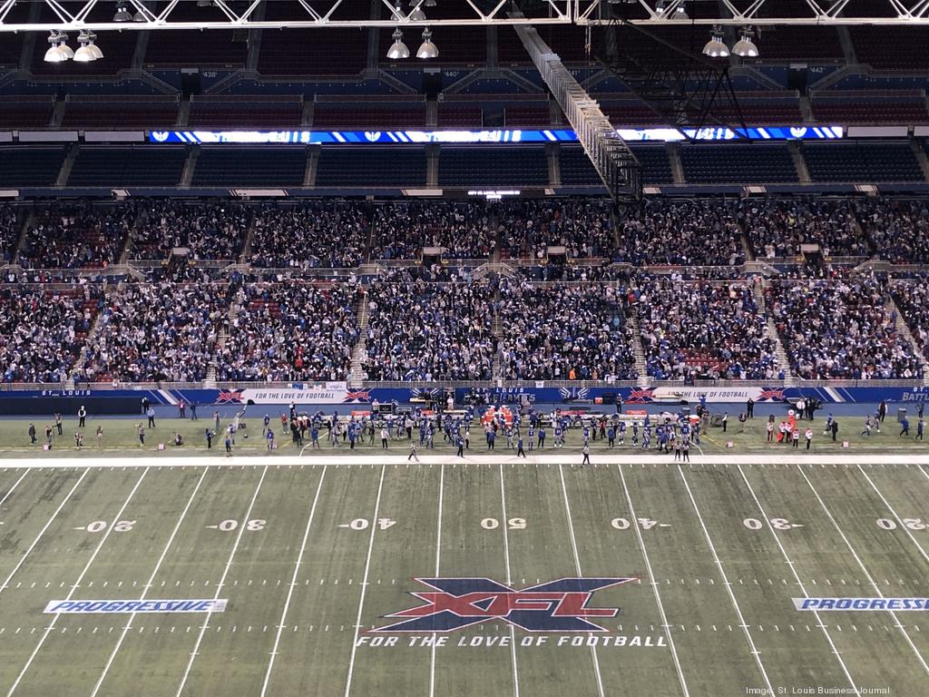 As work on overhead lighting takes place on the floor of the Edward Jones  Dome in St. Louis, The St. Louis Rams Super Bowl Championship banner  continues to hang from the rafters