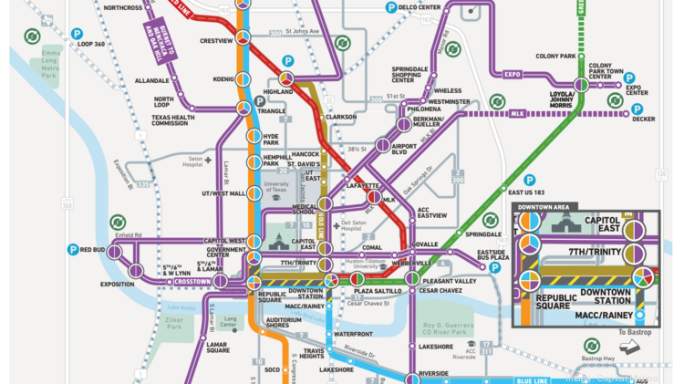 The latest proposed system map for Project Connect, Capital Metro's long-term plan for high-capacity transit. Trains would operate on the north-south Orange Line and the Blue Line connecting downtown to the airport.