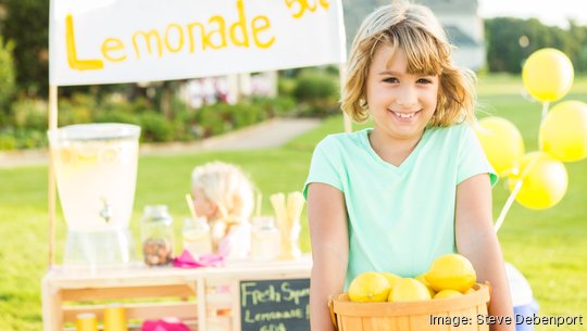 Happy girl holding basket of lemons at her lemonade stand