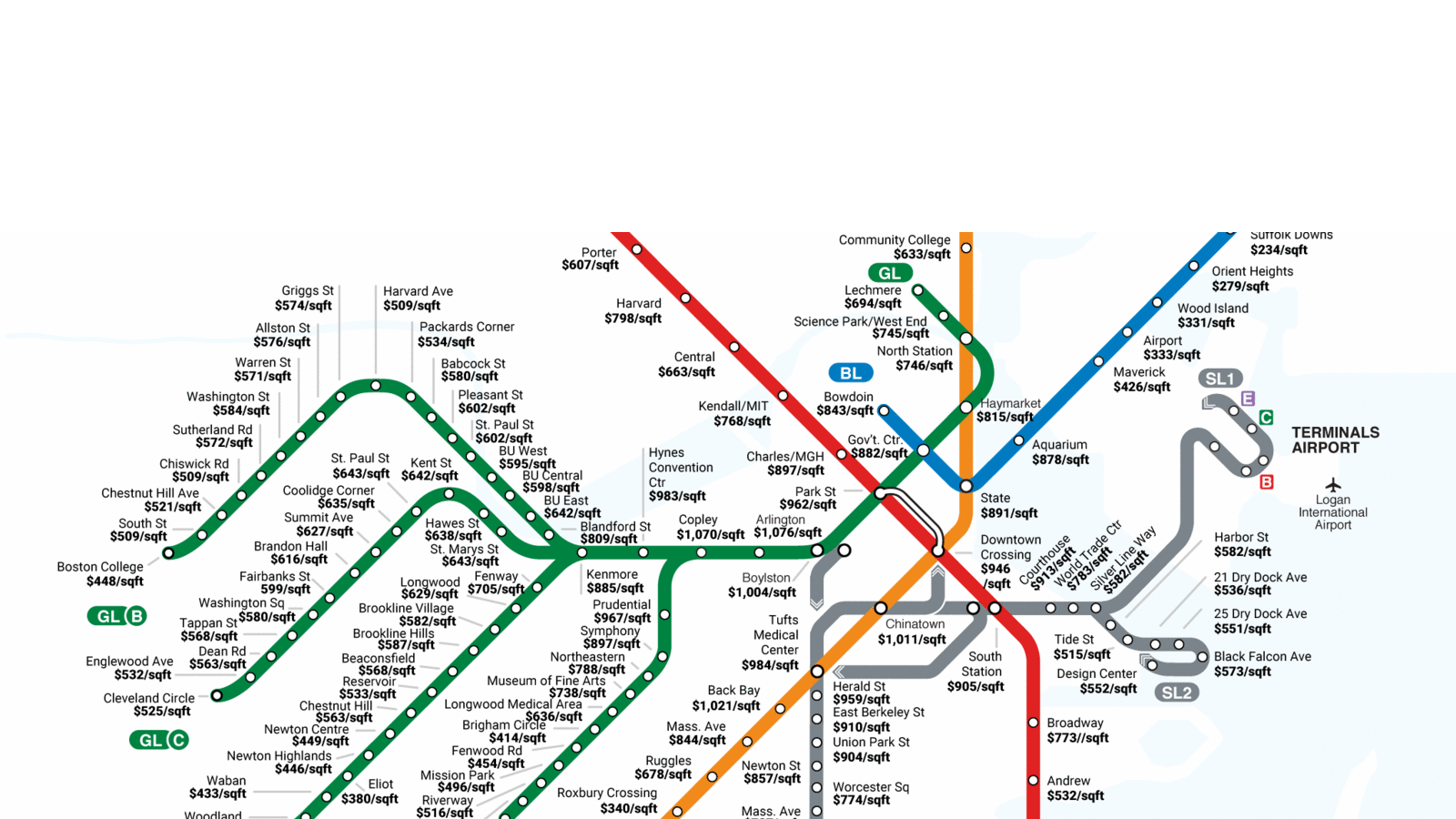 Boston Map With T Stops Bostinno - Boston Real Estate Prices, Mapped By T Stop