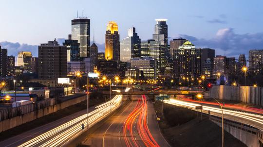 Minneapolis Skyline with Car Light Trails