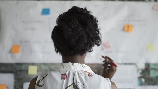 Creative businesswoman brainstorming, reviewing flow chart hanging on brick wall in office