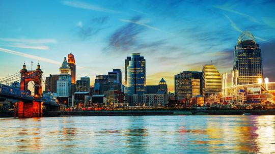 Cincinnati downtown overview early in the night