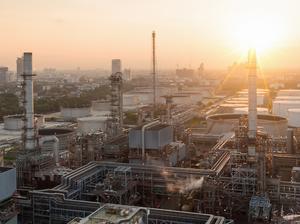 Aerial view of twilight of oil refinery ,Shot from drone of Oil refinery and Petrochemical plant at dusk , Bangkok, Thailand