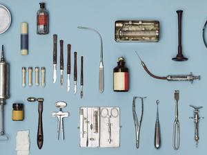 Directly above shot of medical tools on blue background