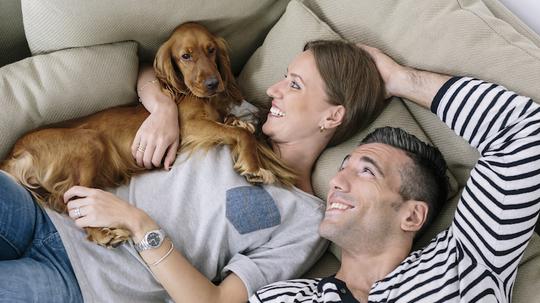 Smiling couple with dog lying on couch