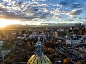 Aerial/Drone Panorama.  Sunset over the Capital building of Denver, Colorado