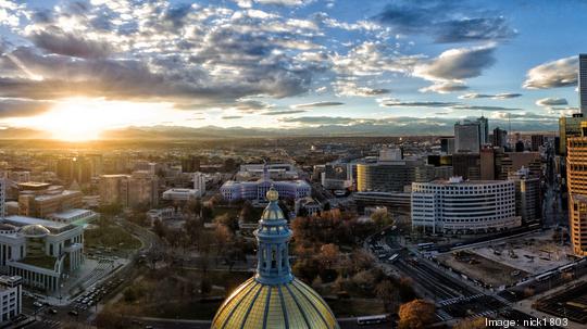 Aerial/Drone Panorama.  Sunset over the Capital building of Denver, Colorado