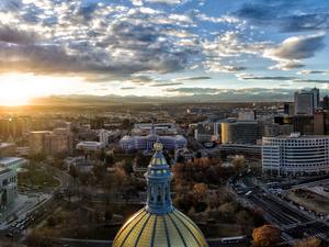 Aerial/Drone Panorama.  Sunset over the Capital building of Denver, Colorado