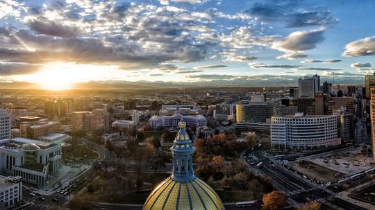 Aerial/Drone Panorama.  Sunset over the Capital building of Denver, Colorado