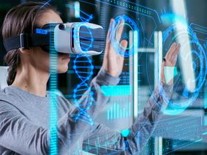 In Laboratory Scientist Wearing Virtual Reality Headset Sitting in a Chair Interacts with Futuristic Holografic Interface, Showing Neurological Data. Modern Brain Study/ Neurological Research Center.