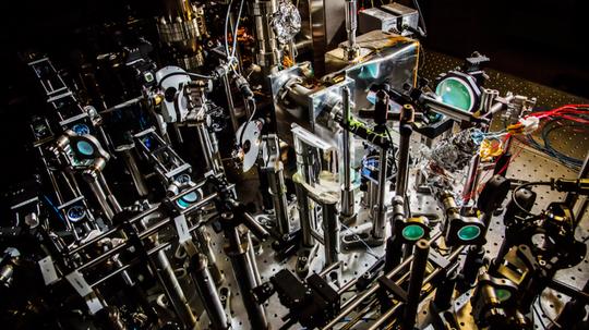 Close-up of equipment in Prof. Bryce Gadway physics laboratory.