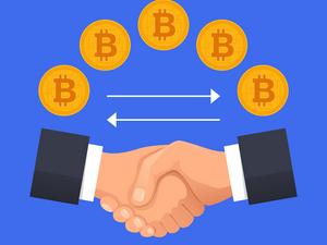 Virtual bitcoin deal handshake concept