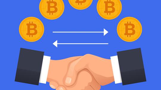 Virtual bitcoin deal handshake concept